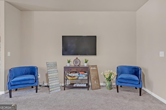 living area featuring carpet