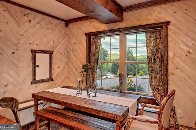 dining room with a wealth of natural light and wood walls