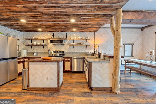 bar with sink, dark wood-type flooring, wooden ceiling, stainless steel appliances, and backsplash