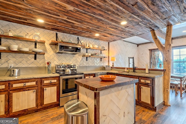 kitchen featuring a kitchen island, wood ceiling, appliances with stainless steel finishes, and tasteful backsplash