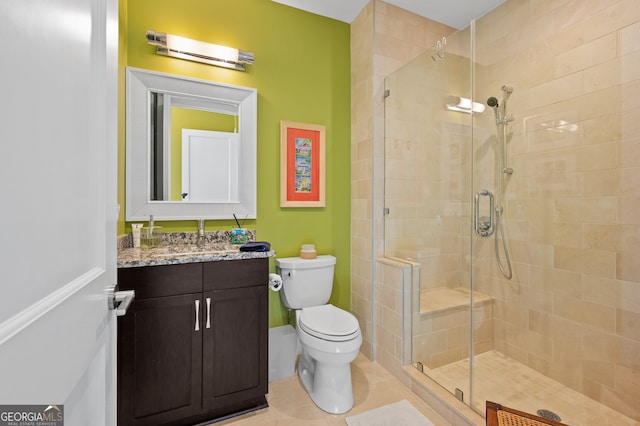 bathroom featuring walk in shower, tile patterned floors, a wall unit AC, toilet, and vanity