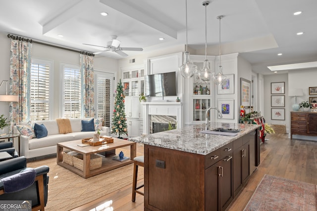 kitchen with decorative light fixtures, a raised ceiling, and sink