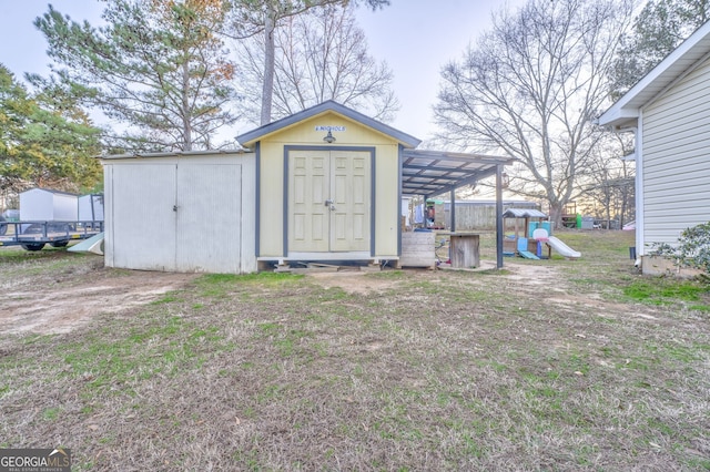 view of shed featuring a playground