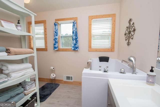 bathroom with a washtub and wood-type flooring