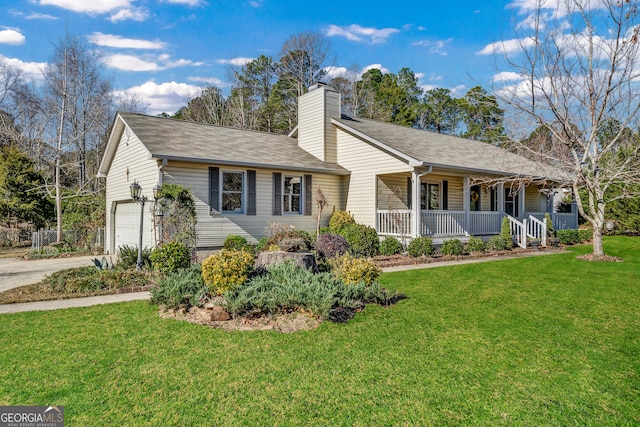 ranch-style home featuring a porch, a garage, and a front yard