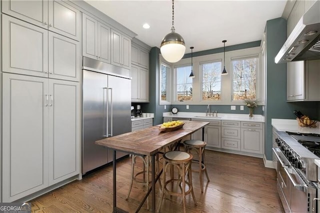 kitchen with premium appliances, dark wood-type flooring, sink, wall chimney range hood, and gray cabinets