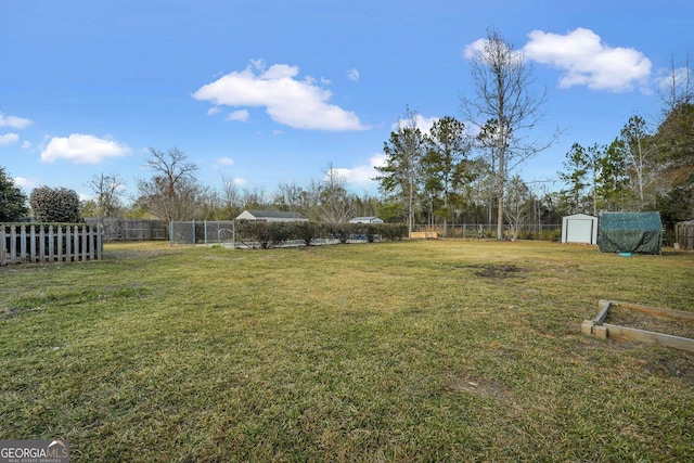 view of yard featuring a storage unit