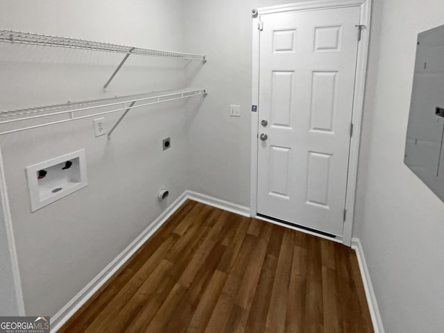 laundry area with hookup for an electric dryer, dark hardwood / wood-style floors, electric panel, and hookup for a washing machine