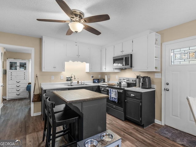 kitchen with white cabinets, a textured ceiling, stainless steel appliances, and sink