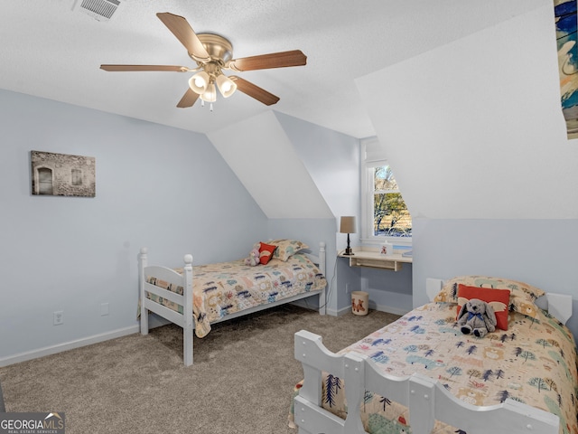 bedroom featuring carpet, ceiling fan, and lofted ceiling