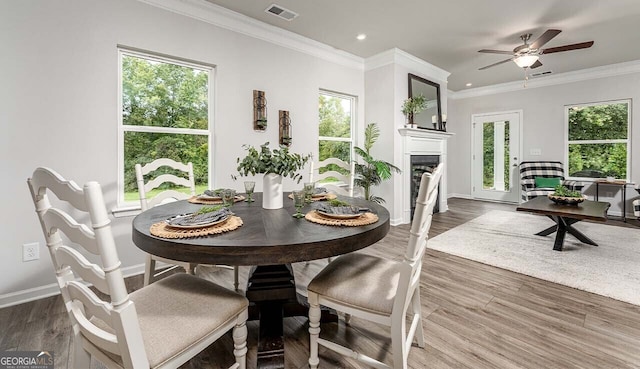 dining space with wood finished floors, a fireplace, visible vents, and a wealth of natural light