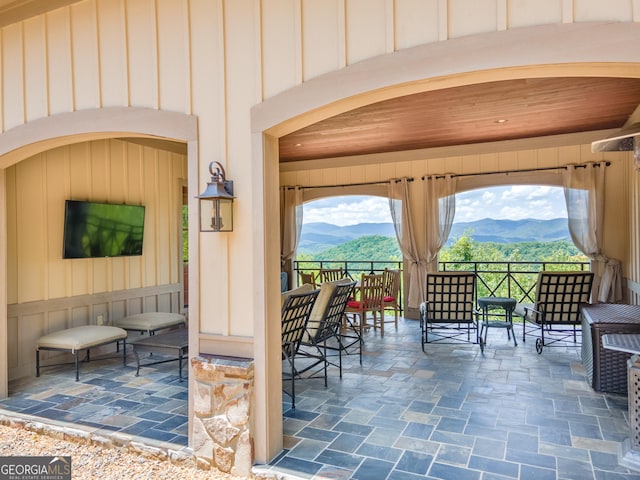 view of patio featuring a mountain view