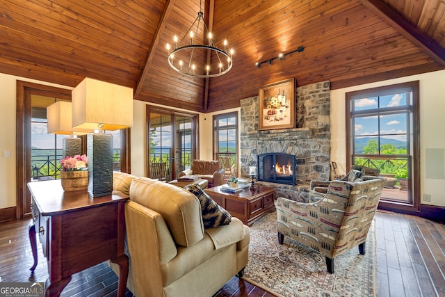 living room featuring a fireplace, dark hardwood / wood-style floors, high vaulted ceiling, and wooden ceiling