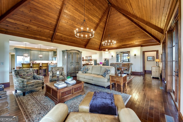 living room with beamed ceiling, wood ceiling, high vaulted ceiling, and an inviting chandelier