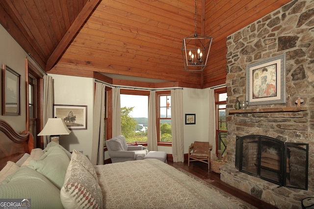 bedroom featuring wood-type flooring, high vaulted ceiling, wooden ceiling, a notable chandelier, and a fireplace