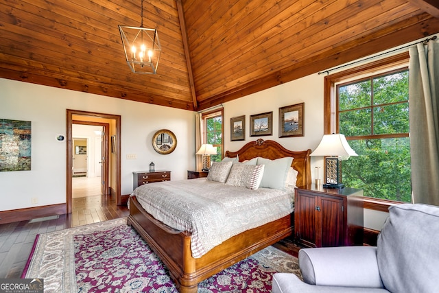 bedroom featuring hardwood / wood-style floors, vaulted ceiling, wood ceiling, and a chandelier