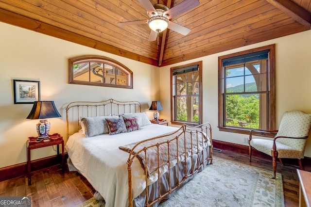 bedroom featuring hardwood / wood-style flooring, ceiling fan, wood ceiling, and lofted ceiling