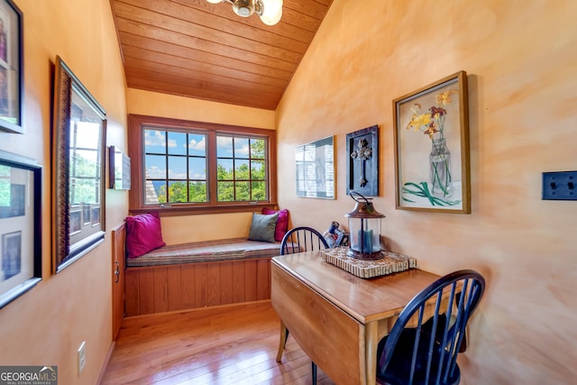 living area featuring wood ceiling, light hardwood / wood-style flooring, a wealth of natural light, and vaulted ceiling