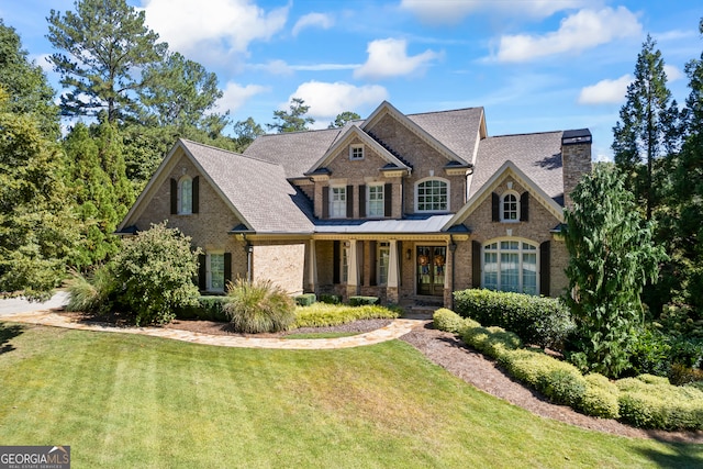 view of front of property with brick siding, a chimney, and a front yard