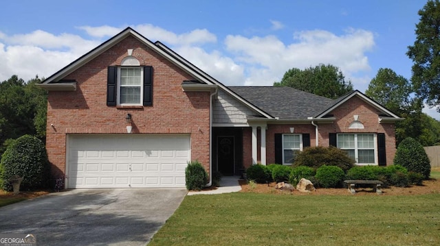 view of property with a garage and a front yard