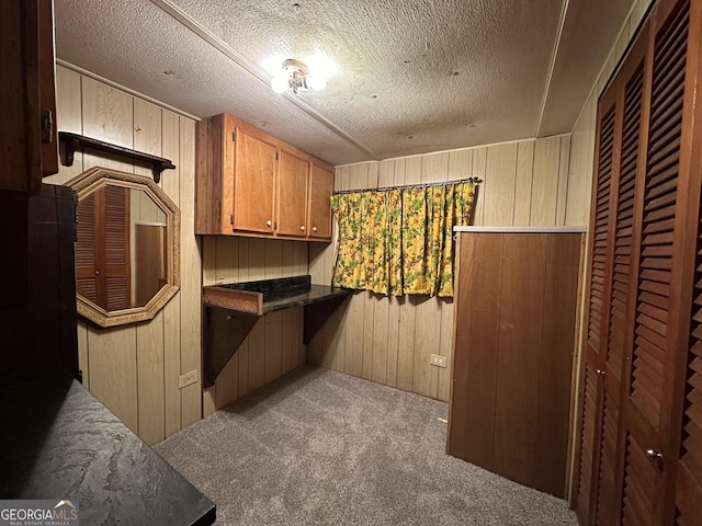 kitchen featuring a textured ceiling, light colored carpet, and wood walls