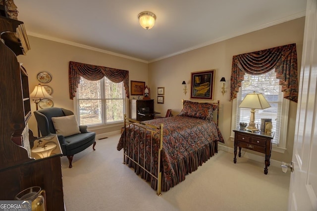 bedroom featuring carpet floors and ornamental molding