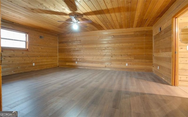 unfurnished room with wood-type flooring, wooden ceiling, ceiling fan, and wooden walls