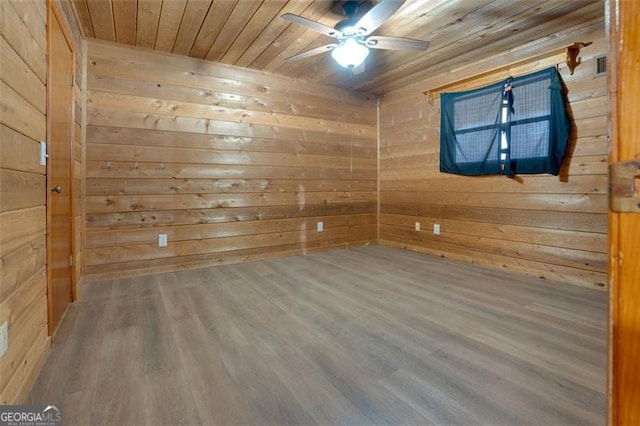 empty room with wooden walls, ceiling fan, wooden ceiling, and hardwood / wood-style flooring