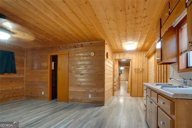 kitchen with light wood-type flooring, sink, wood ceiling, and wood walls