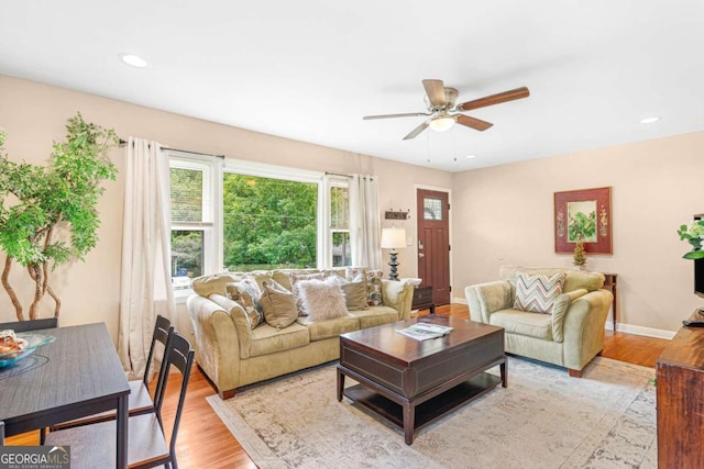 living room featuring ceiling fan and light hardwood / wood-style flooring