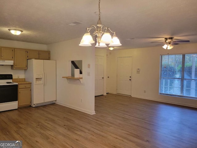 kitchen with pendant lighting, a textured ceiling, white appliances, ceiling fan with notable chandelier, and hardwood / wood-style flooring