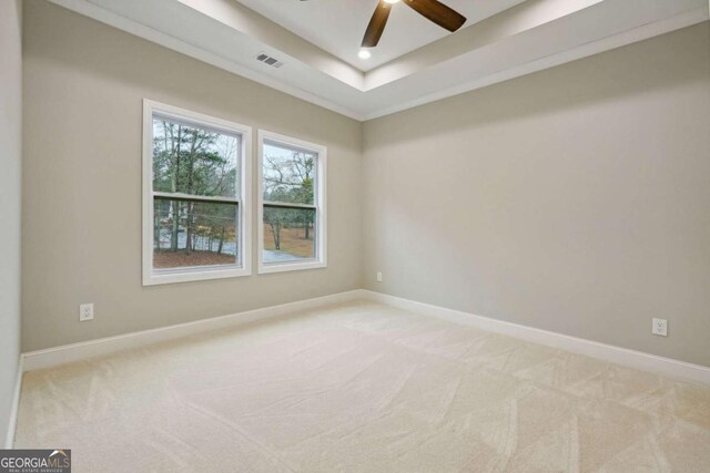 carpeted empty room featuring a raised ceiling and ceiling fan