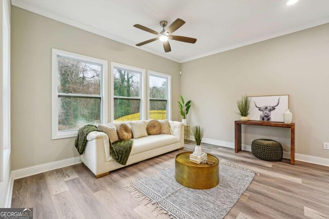 living area with ceiling fan and light wood-type flooring