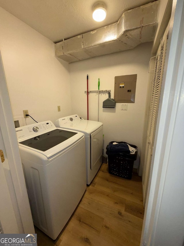 clothes washing area with wood-type flooring, a textured ceiling, electric panel, and washing machine and clothes dryer