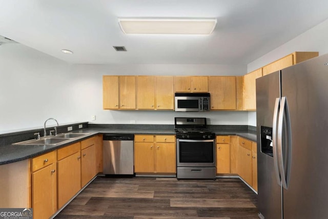 kitchen featuring sink, appliances with stainless steel finishes, and dark wood-type flooring