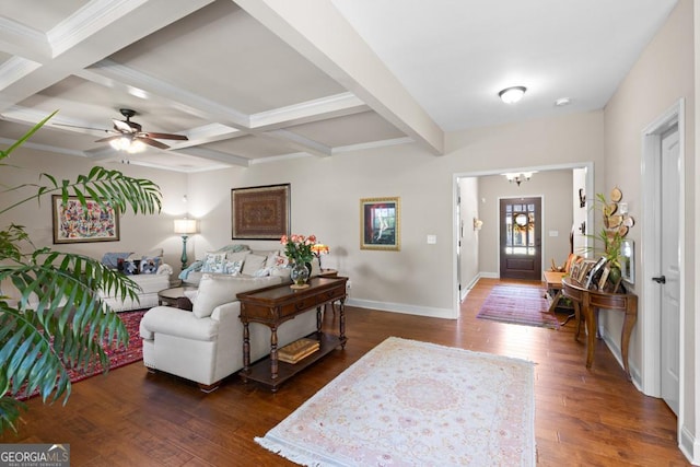 living room with beam ceiling, ceiling fan, dark wood-type flooring, and coffered ceiling