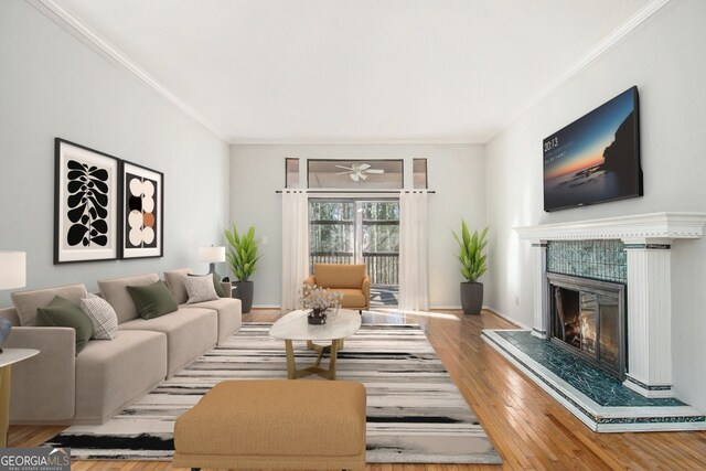 unfurnished living room with a chandelier, a fireplace, wood-type flooring, and vaulted ceiling