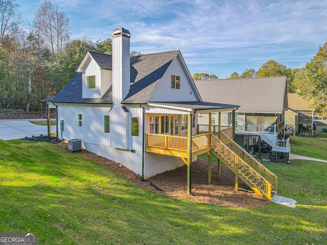 200 Greenpeace Way, Martin, GA 30557 - rear view of house featuring central AC, stairway, a chimney, a lawn, and roof with shingles