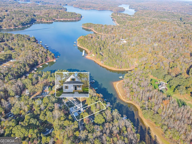 drone / aerial view featuring a water view and a wooded view