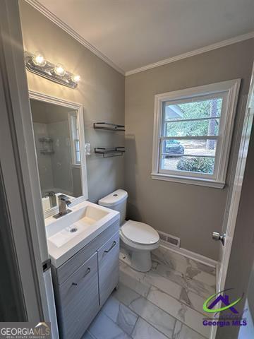 bathroom featuring vanity, ornamental molding, and toilet