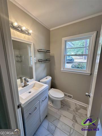 bathroom featuring vanity, toilet, and crown molding