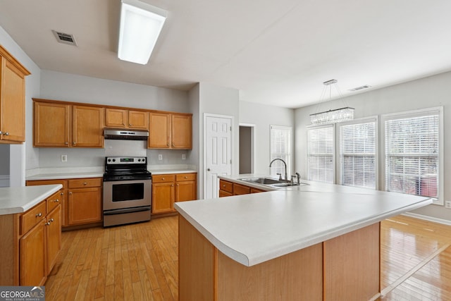 kitchen featuring electric range, sink, and a kitchen island with sink