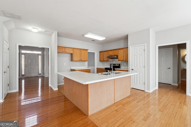 kitchen with a center island with sink, stainless steel range with electric stovetop, light hardwood / wood-style floors, and sink