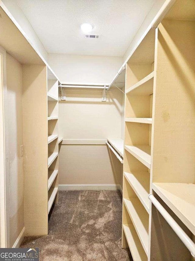 walk in closet with dark colored carpet