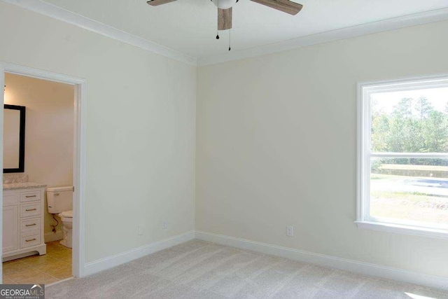 spare room featuring a healthy amount of sunlight, light colored carpet, and ornamental molding