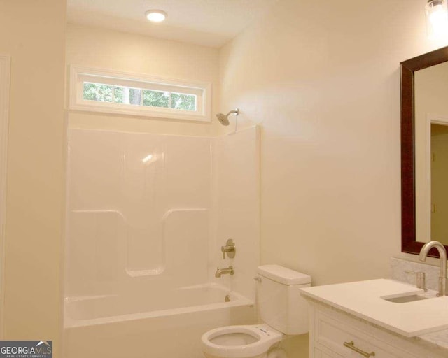 full bathroom featuring vanity, shower / bathtub combination, and toilet