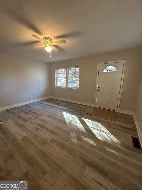 foyer featuring ceiling fan and wood-type flooring