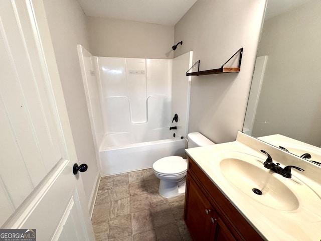 full bathroom with toilet, bathtub / shower combination, and vanity