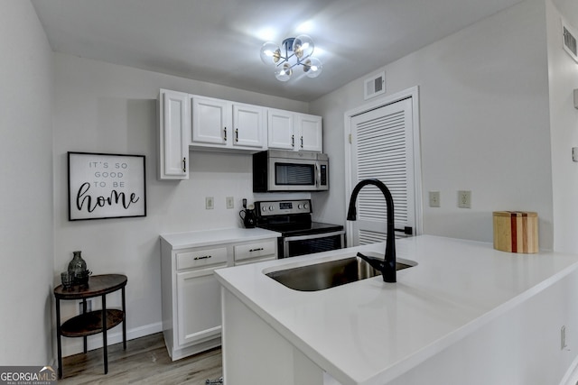 kitchen with kitchen peninsula, appliances with stainless steel finishes, white cabinetry, and sink