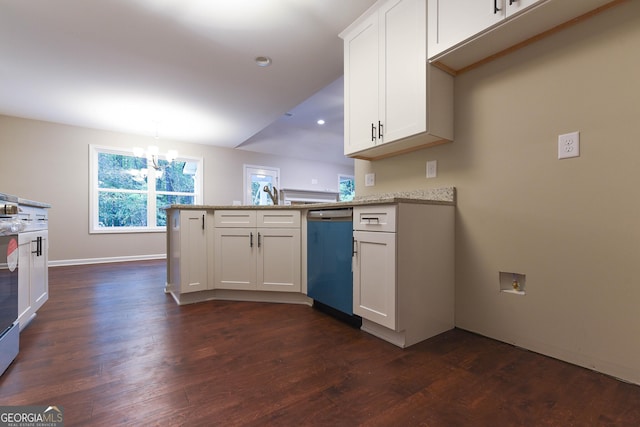 kitchen with dishwasher, white cabinets, kitchen peninsula, and light stone countertops